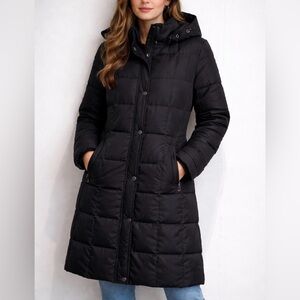 Lands’ End Black Long Down Puffer Coat Hooded Winter Parka Women M 10-12